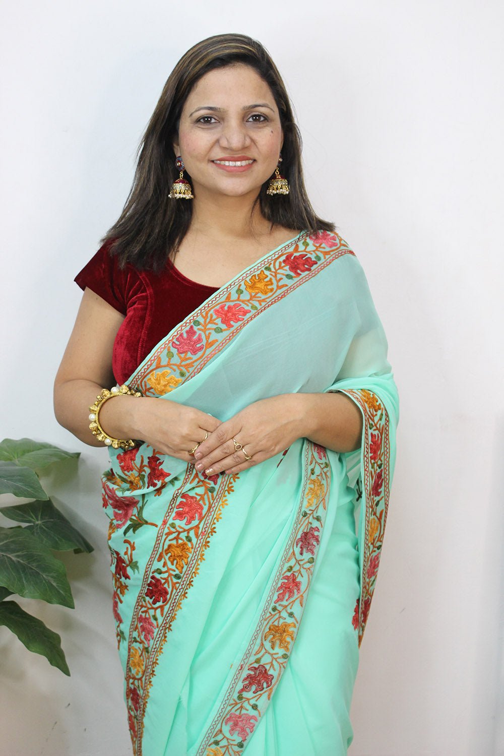 Blue Embroidered Kashmiri Aari Work Georgette Saree - Luxurion World