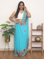 Blue Embroidered Kashmiri Aari Work Georgette Saree - Luxurion World