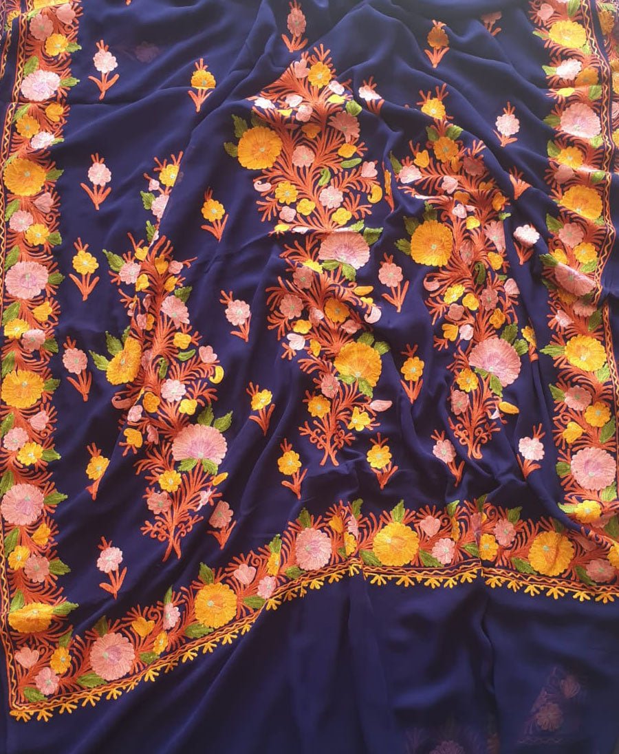 Blue Embroidered Kashmiri Aari Work Georgette Saree - Luxurion World