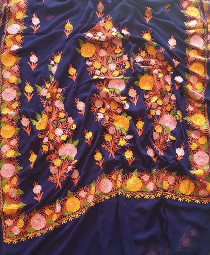 Blue Embroidered Kashmiri Aari Work Georgette Saree - Luxurion World