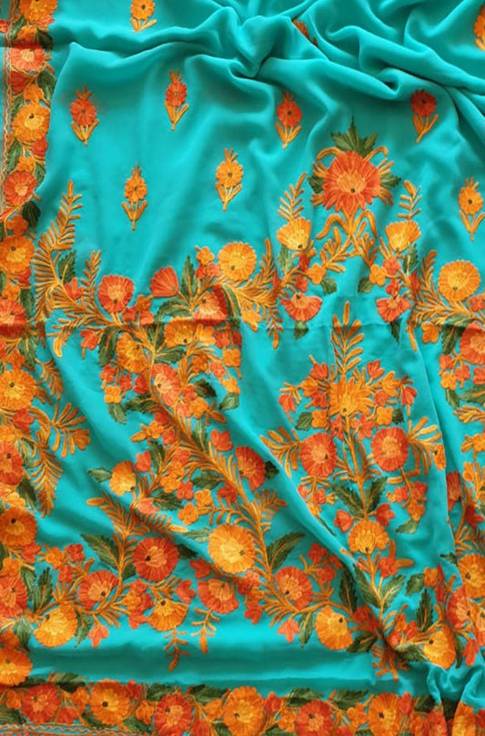 Blue Embroidered Kashmiri Aari Work Georgette Saree - Luxurion World