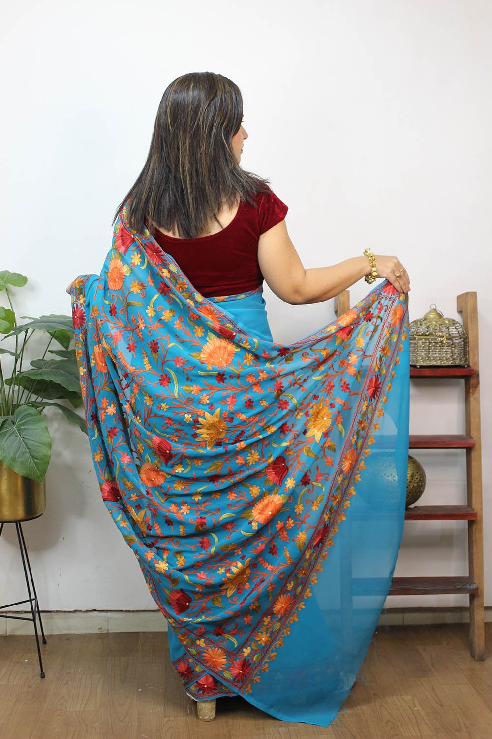 Blue Embroidered Kashmiri Aari Work Georgette Saree - Luxurion World