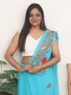 Blue Embroidered Kashmiri Aari Work Georgette Saree - Luxurion World