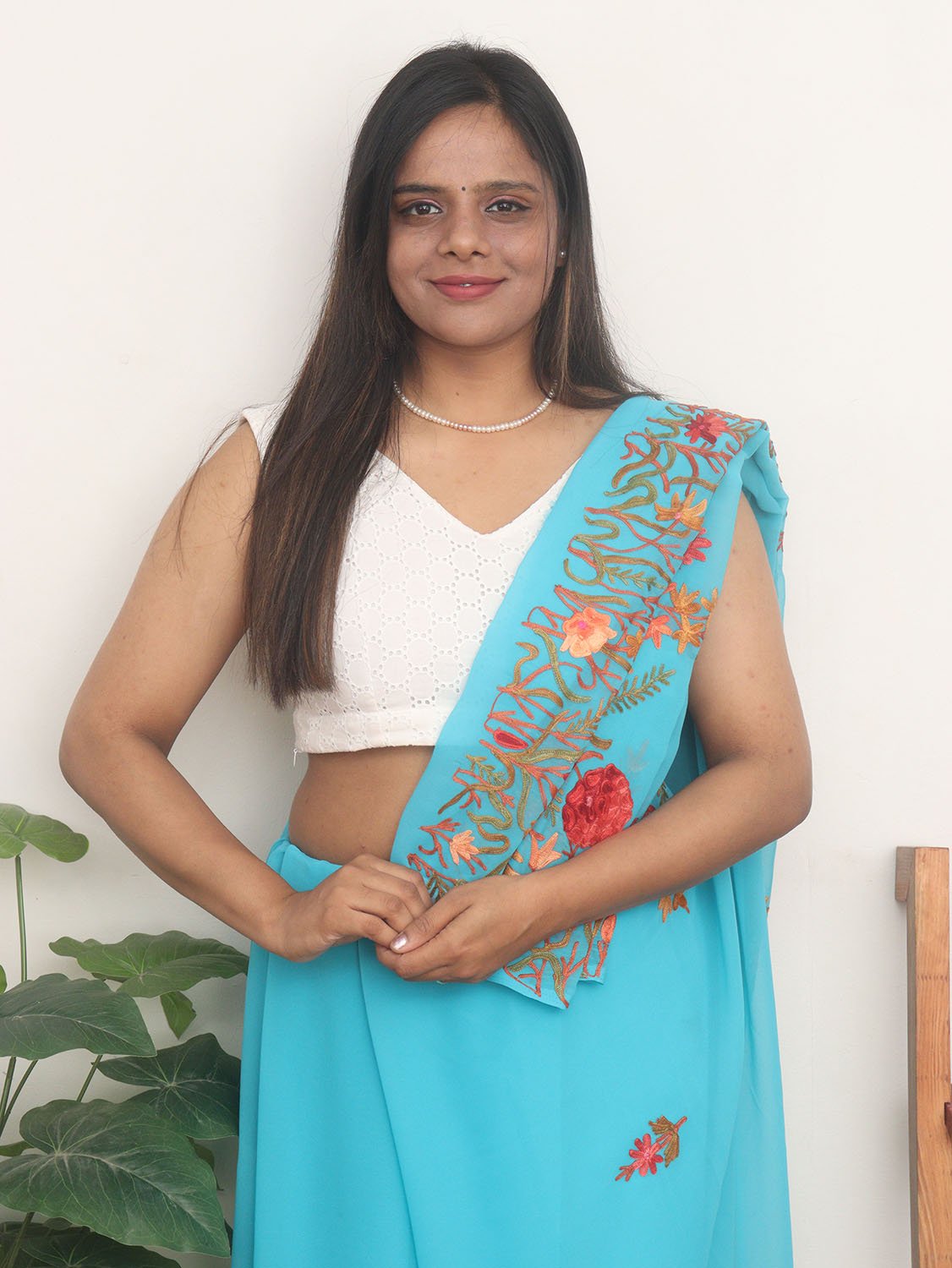 Blue Embroidered Kashmiri Aari Work Georgette Saree - Luxurion World