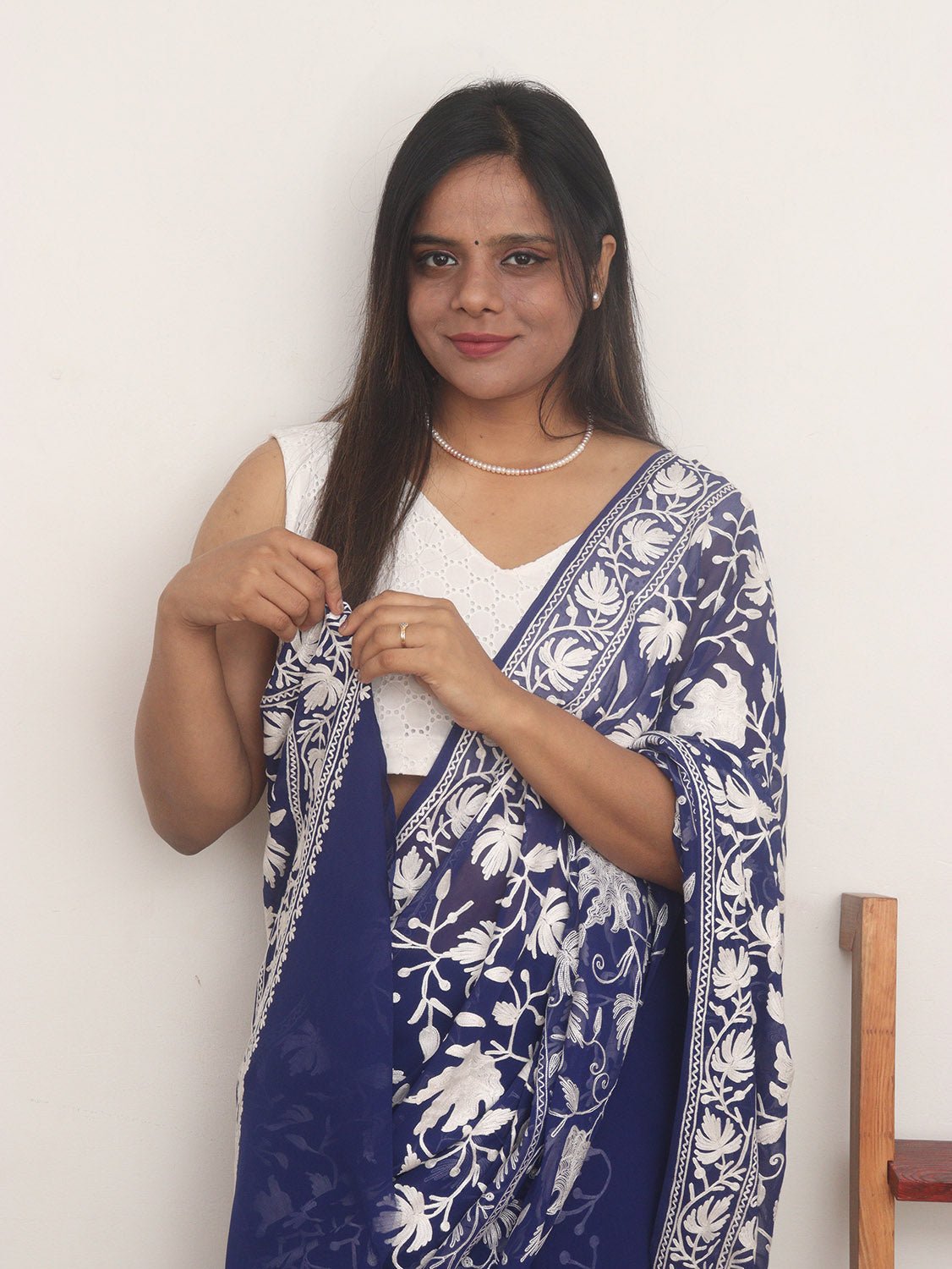 Blue Embroidered Kashmiri Aari Work Georgette Saree - Luxurion World