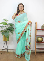 Blue Embroidered Kashmiri Aari Work Georgette Saree - Luxurion World