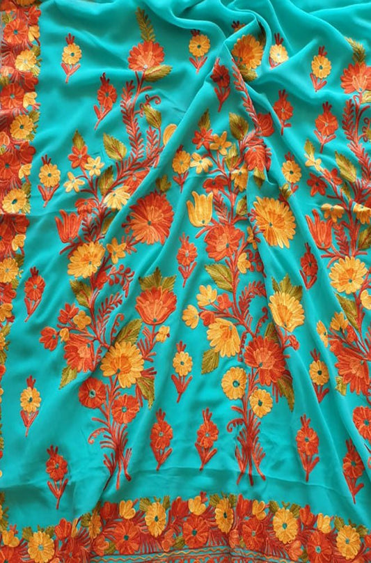 Blue Embroidered Kashmiri Aari Work Georgette Saree - Luxurion World