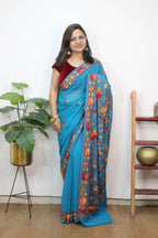 Blue Embroidered Kashmiri Aari Work Georgette Saree - Luxurion World