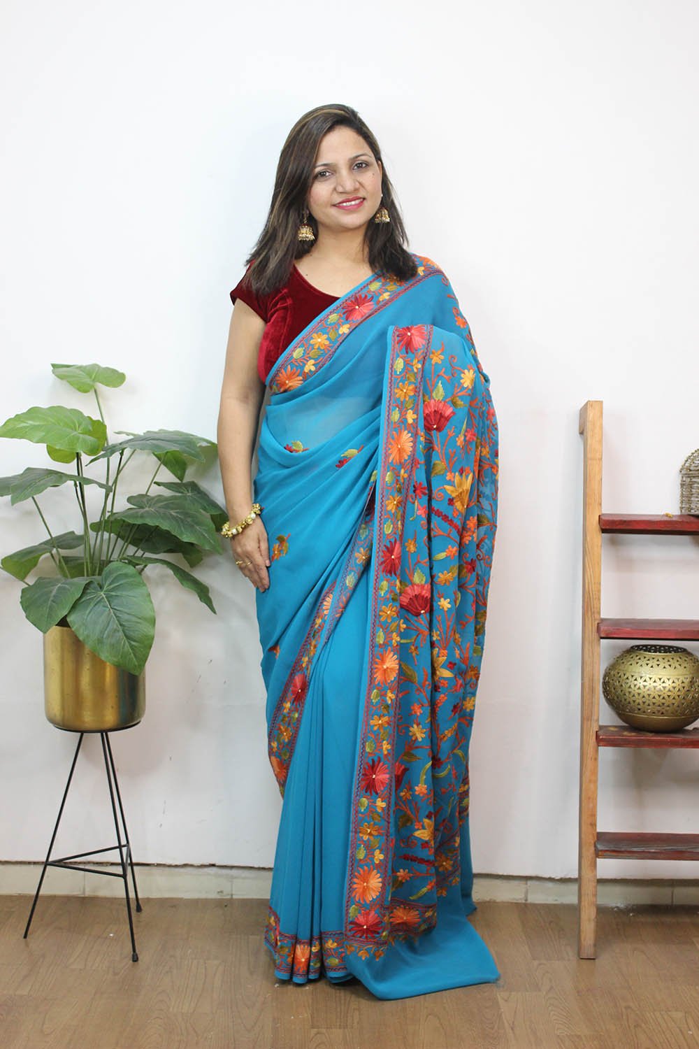 Blue Embroidered Kashmiri Aari Work Georgette Saree - Luxurion World