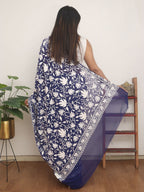 Blue Embroidered Kashmiri Aari Work Georgette Saree - Luxurion World
