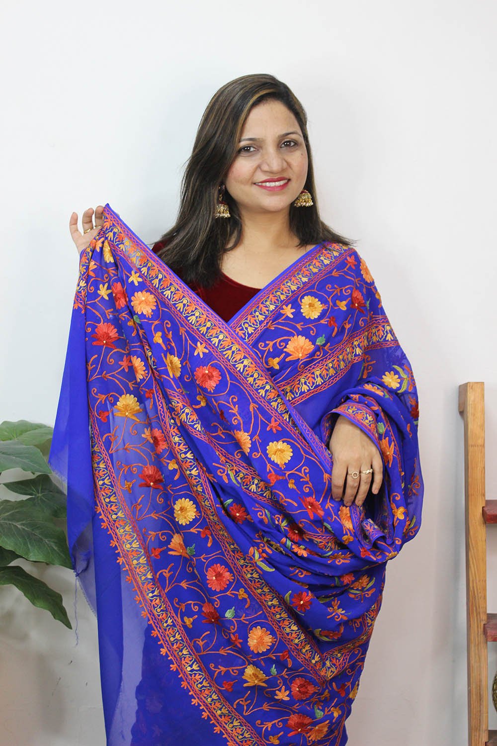 Blue Embroidered Kashmiri Aari Work Georgette Saree - Luxurion World