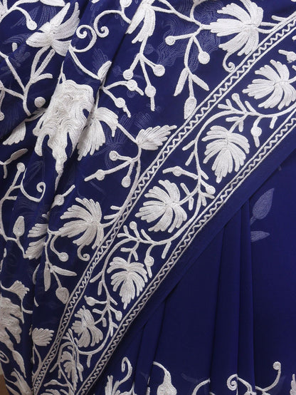 Blue Embroidered Kashmiri Aari Work Georgette Saree