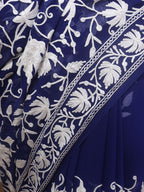 Blue Embroidered Kashmiri Aari Work Georgette Saree - Luxurion World