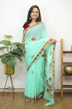 Blue Embroidered Kashmiri Aari Work Georgette Saree - Luxurion World