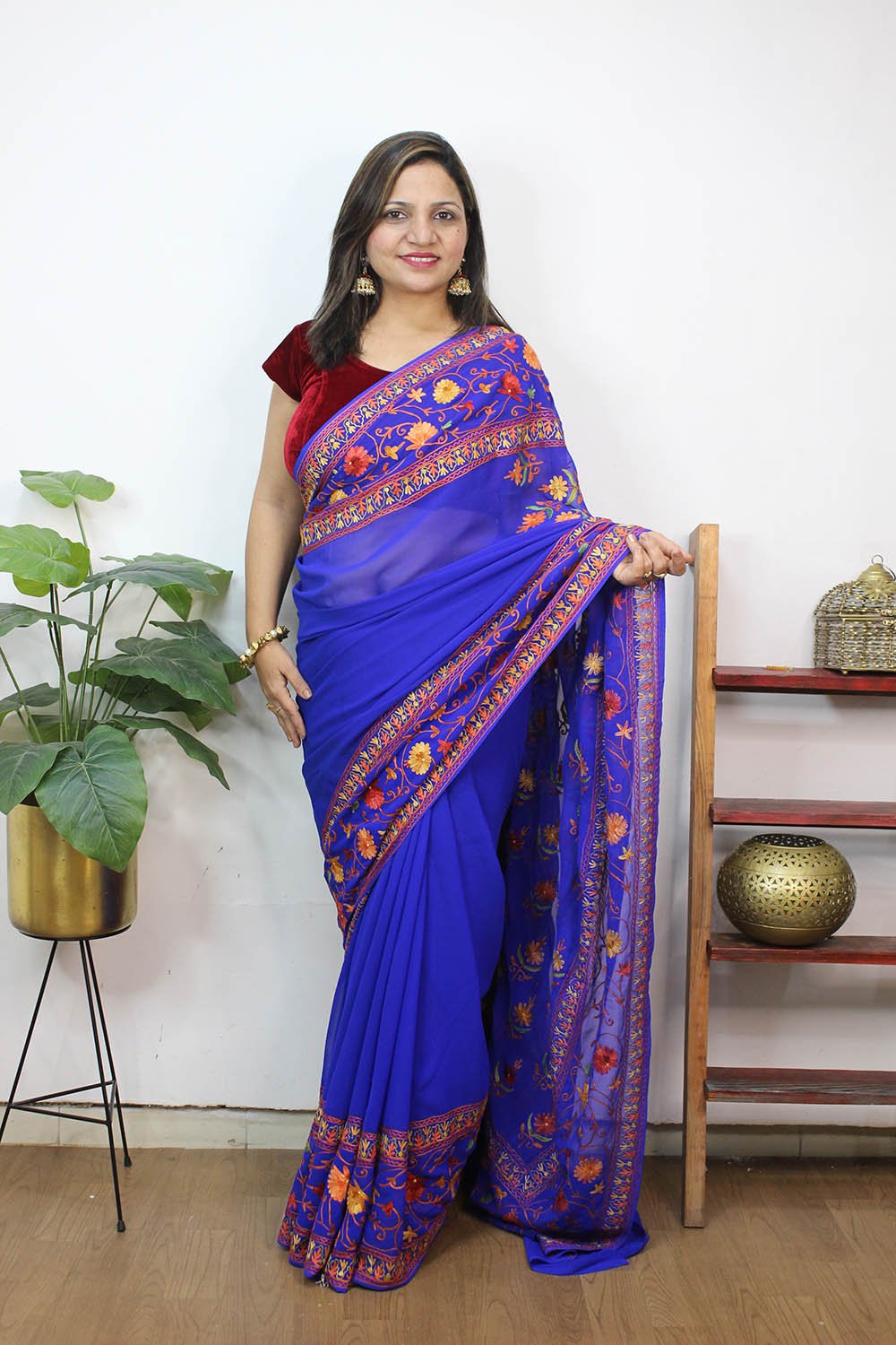 Blue Embroidered Kashmiri Aari Work Georgette Saree - Luxurion World