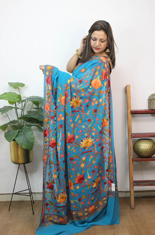 Blue Embroidered Kashmiri Aari Work Georgette Saree - Luxurion World