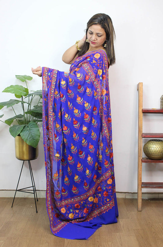 Blue Embroidered Kashmiri Aari Work Georgette Saree - Luxurion World