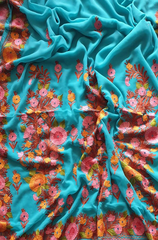 Blue Embroidered Kashmiri Aari Work Georgette Saree - Luxurion World