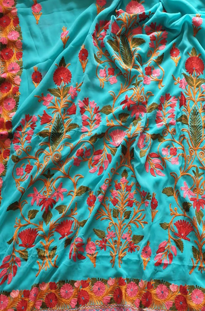 Blue Embroidered Kashmiri Aari Work Georgette Saree - Luxurion World
