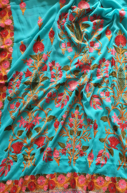 Blue Embroidered Kashmiri Aari Work Georgette Saree - Luxurion World