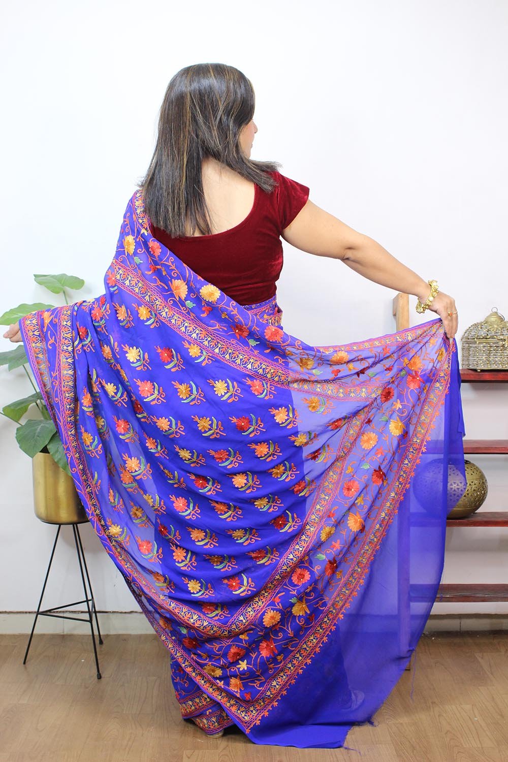 Blue Embroidered Kashmiri Aari Work Georgette Saree - Luxurion World