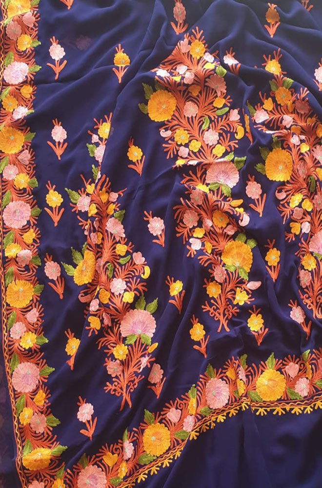 Blue Embroidered Kashmiri Aari Work Georgette Saree - Luxurion World