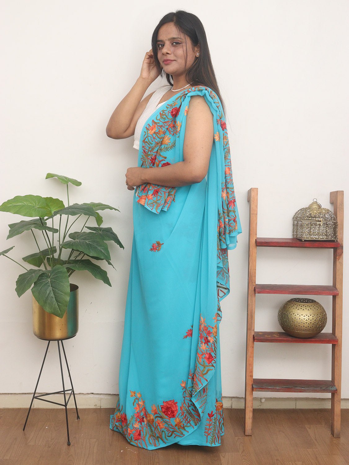 Blue Embroidered Kashmiri Aari Work Georgette Saree - Luxurion World