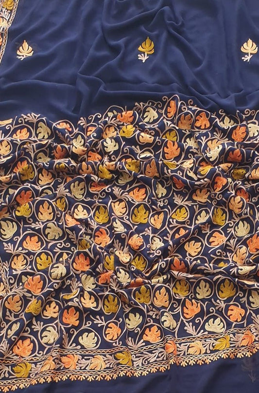 Blue Embroidered Kashmiri Aari Work Georgette Saree - Luxurion World