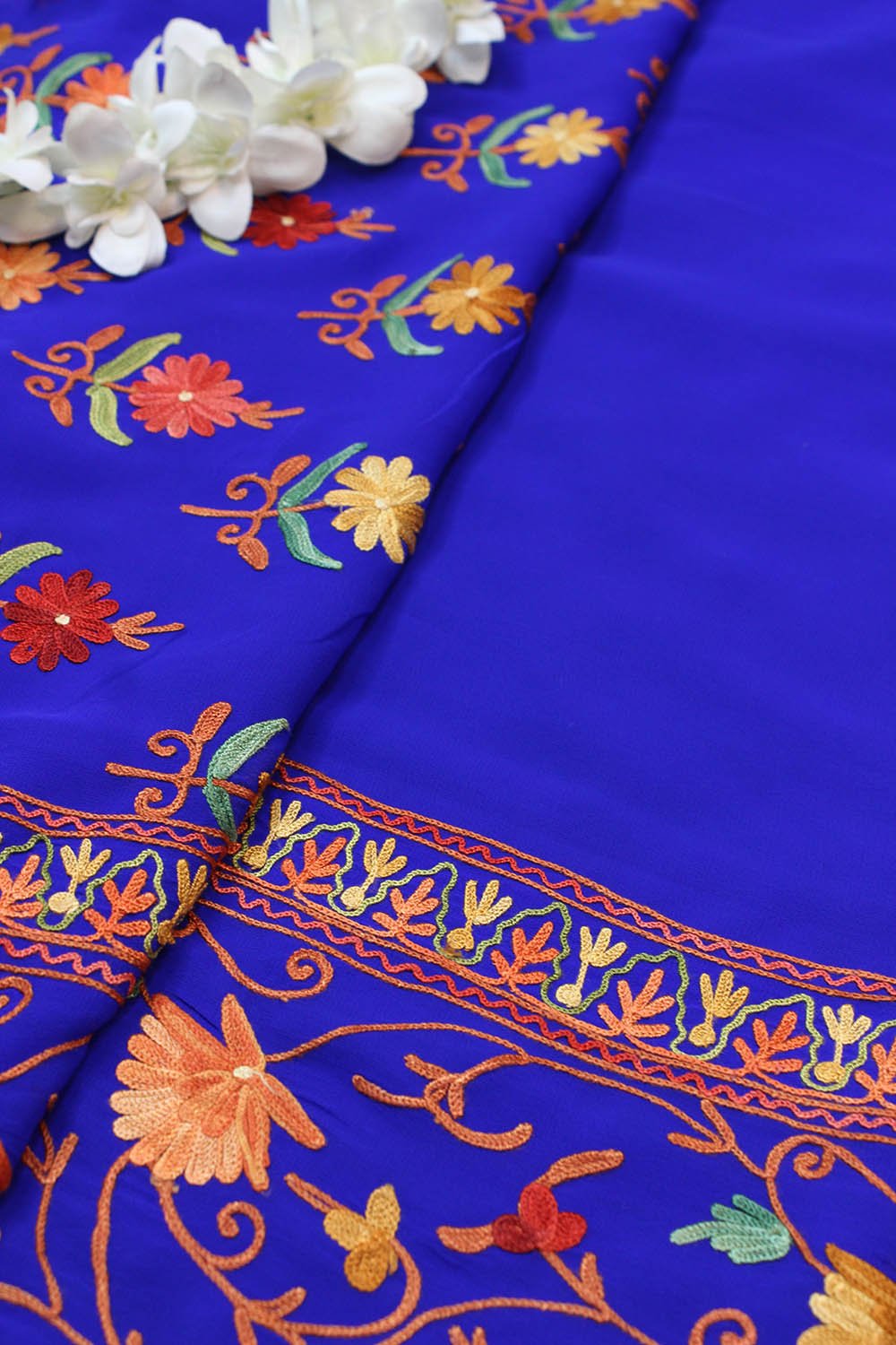 Blue Embroidered Kashmiri Aari Work Georgette Saree - Luxurion World