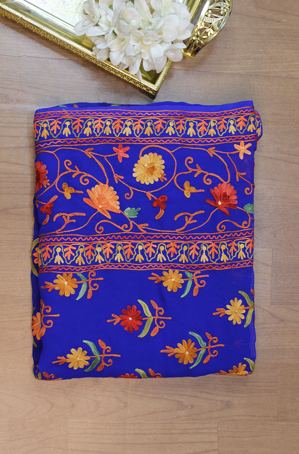 Blue Embroidered Kashmiri Aari Work Georgette Saree - Luxurion World