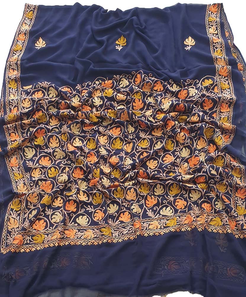 Blue Embroidered Kashmiri Aari Work Georgette Saree - Luxurion World