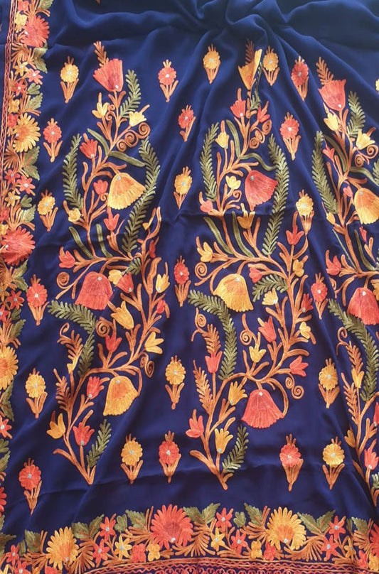 Blue Embroidered Kashmiri Aari Work Georgette Saree - Luxurion World