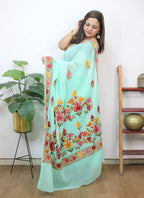Blue Embroidered Kashmiri Aari Work Georgette Saree - Luxurion World