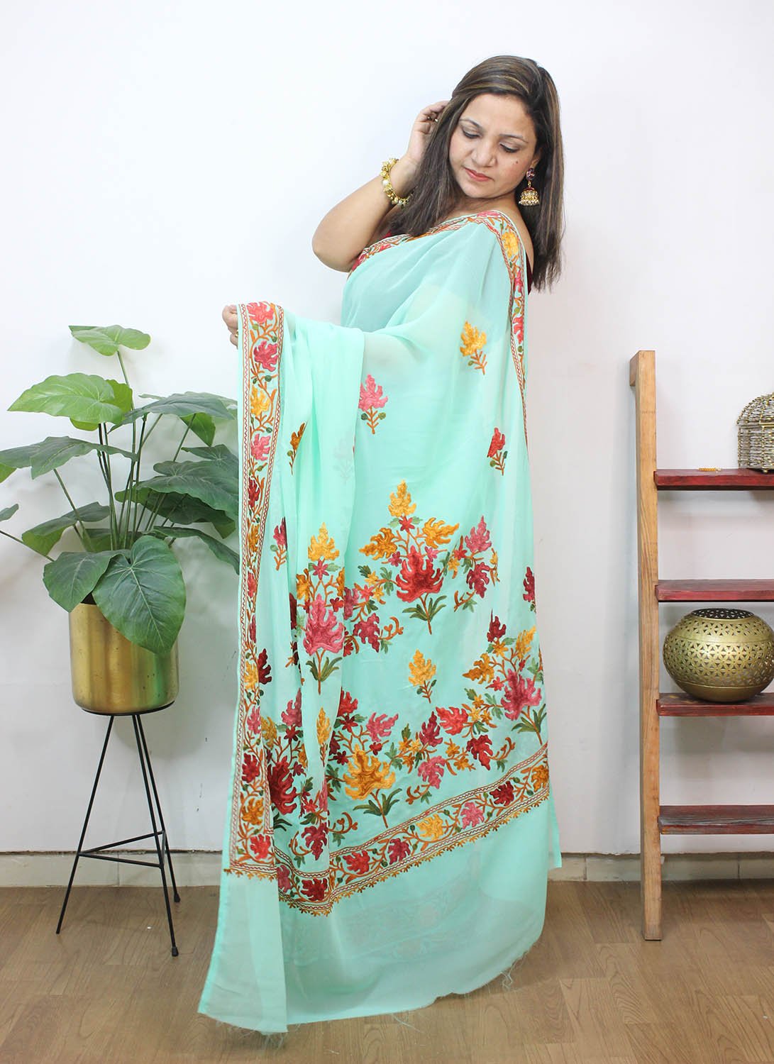 Blue Embroidered Kashmiri Aari Work Georgette Saree - Luxurion World