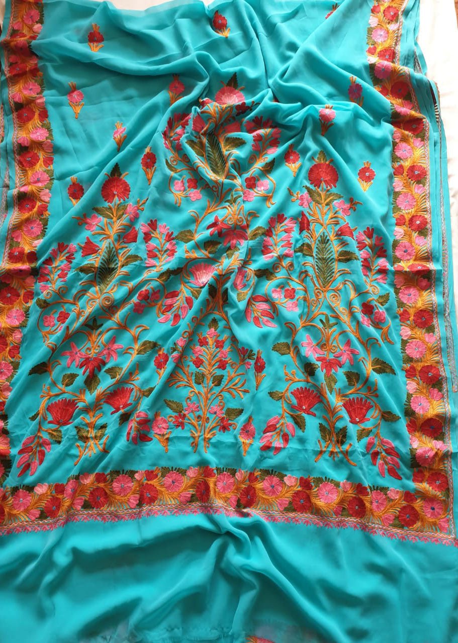 Blue Embroidered Kashmiri Aari Work Georgette Saree - Luxurion World