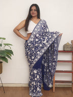 Blue Embroidered Kashmiri Aari Work Georgette Saree - Luxurion World