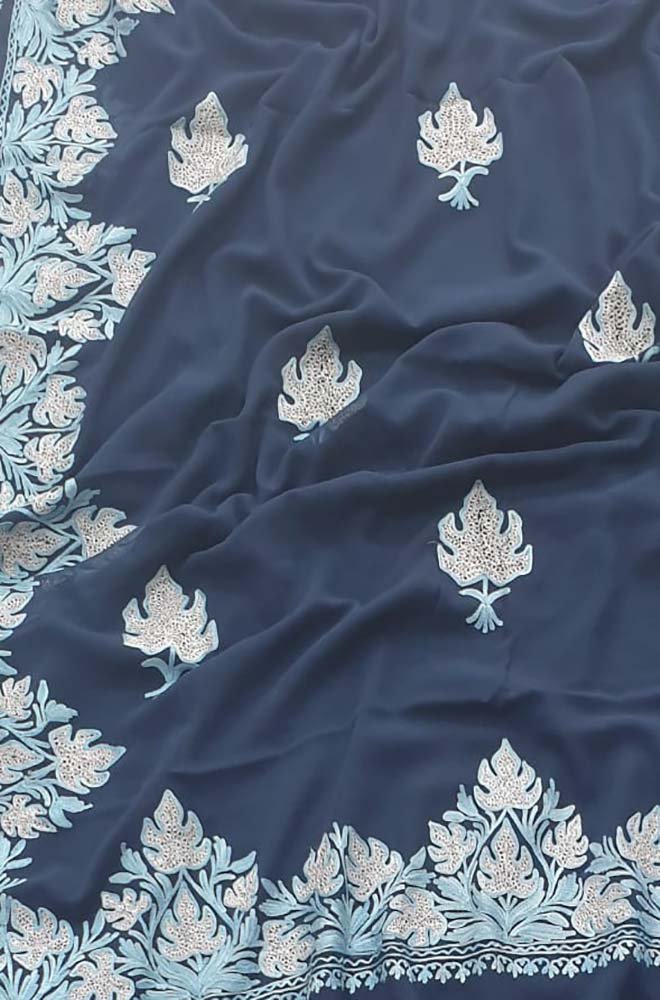 Blue Embroidered Kashmiri Aari Work Georgette Saree - Luxurion World