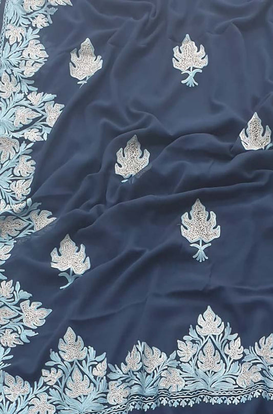 Blue Embroidered Kashmiri Aari Work Georgette Saree - Luxurion World