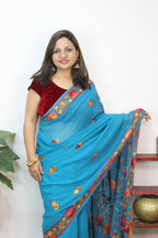 Blue Embroidered Kashmiri Aari Work Georgette Saree - Luxurion World