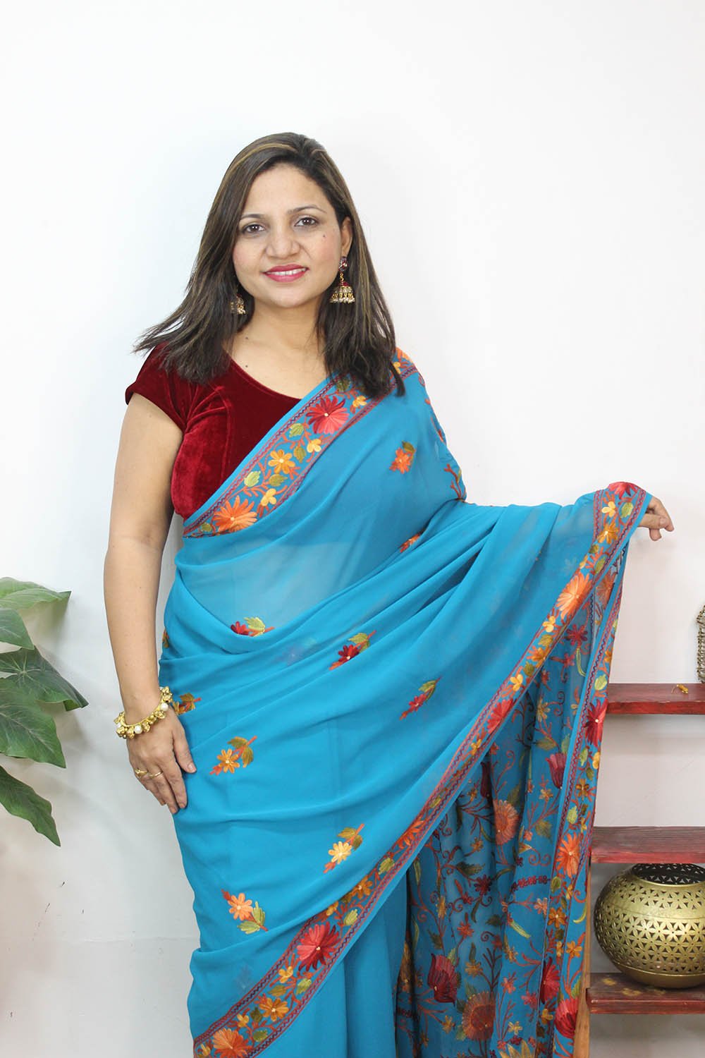 Blue Embroidered Kashmiri Aari Work Georgette Saree - Luxurion World