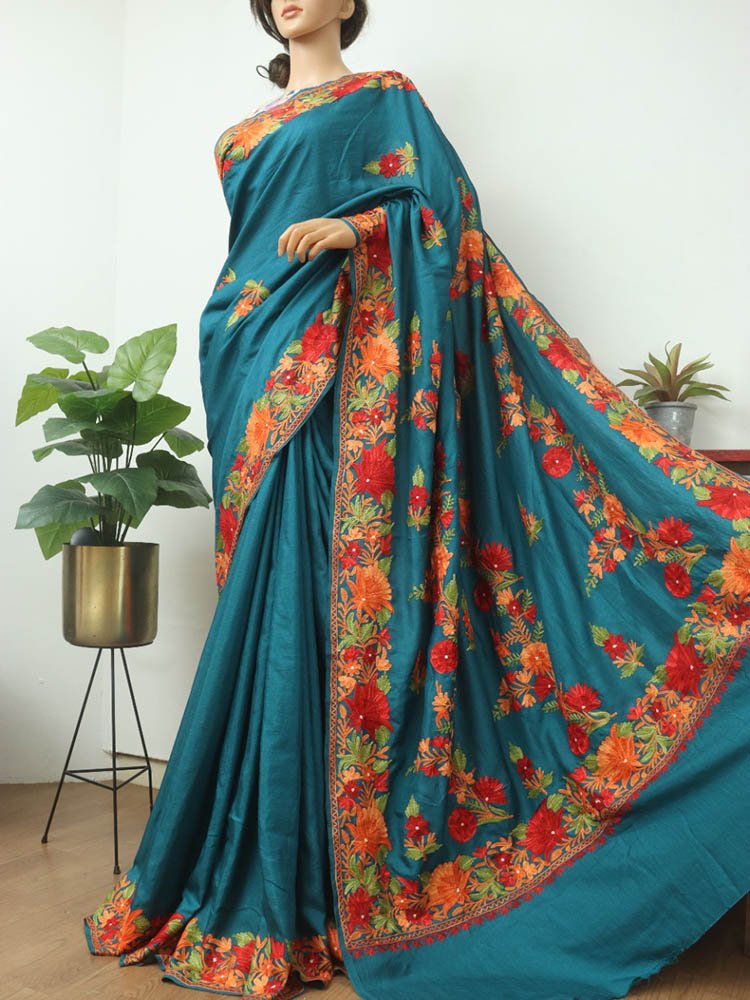 Blue Embroidered Kashmiri Aari Work Silk Saree - Luxurion World