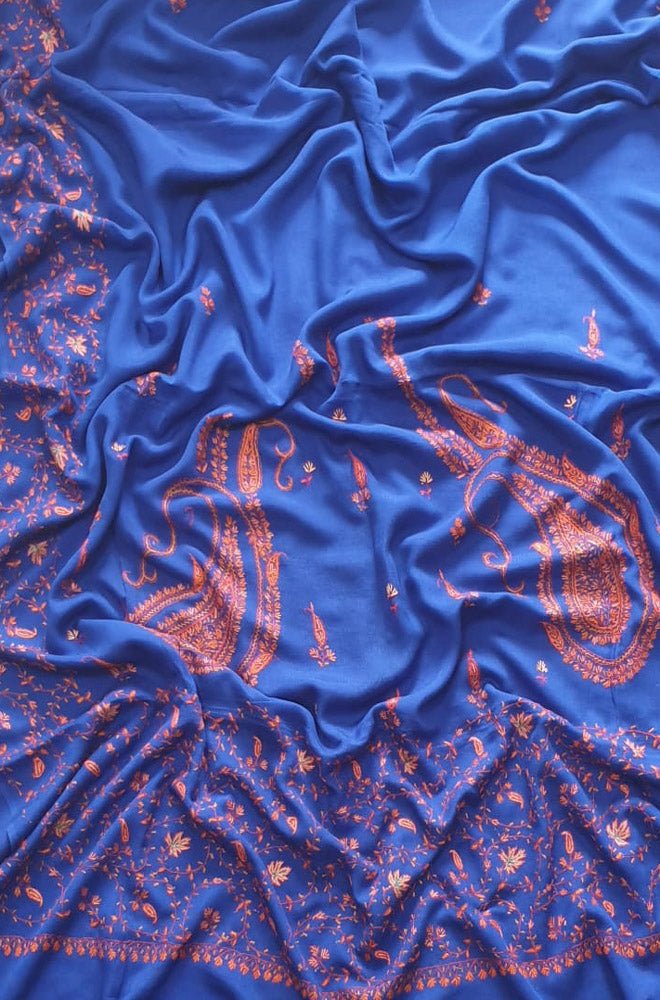 Blue Embroidered Kashmiri Sozni Work Crepe Flower Design Saree - Luxurion World