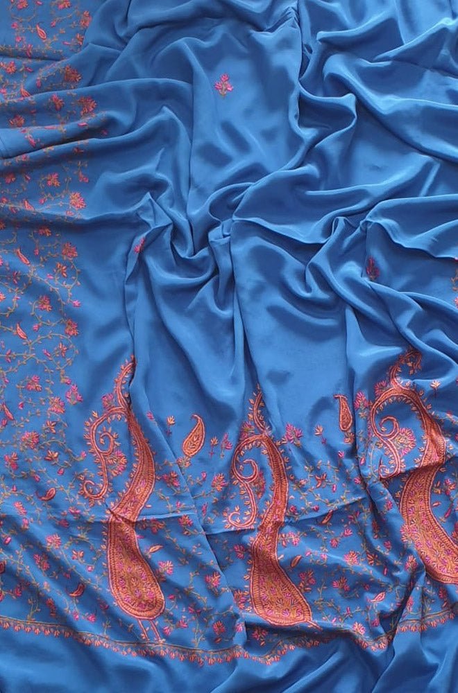 Blue Embroidered Kashmiri Sozni Work Crepe Flower Design Saree - Luxurion World