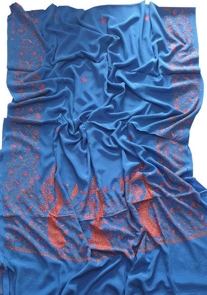 Blue Embroidered Kashmiri Sozni Work Crepe Flower Design Saree