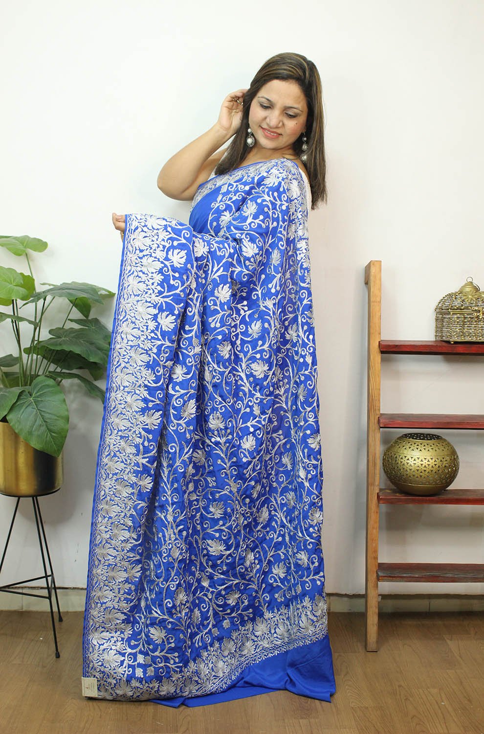 Blue Embroidered Kashmiri Tilla Work Crepe Flower Design Saree - Luxurion World