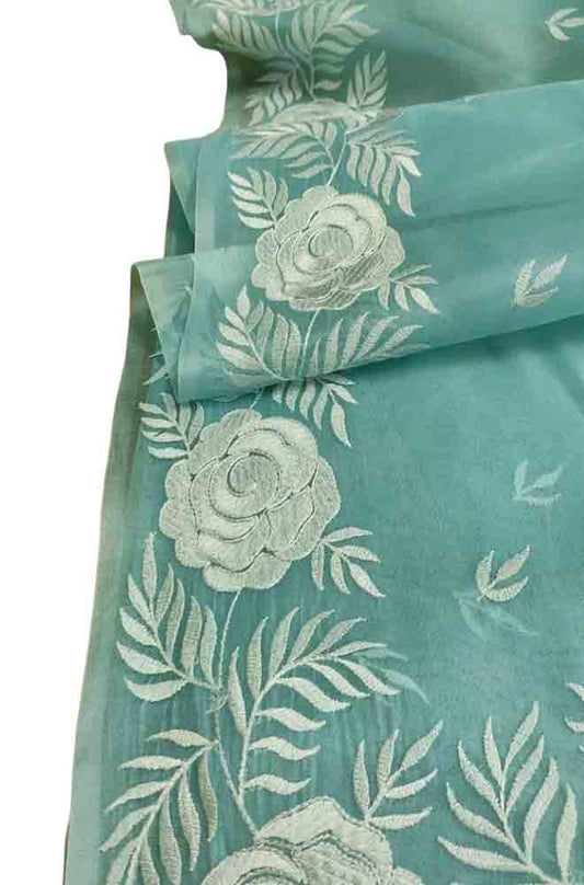 Blue Embroidered Kota Organza Silk Floral Design Saree - Luxurion World