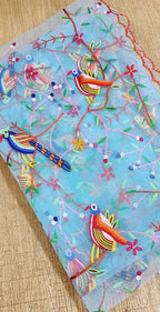 Blue Embroidered Parsi Convent Work Net Dupatta - Luxurion World