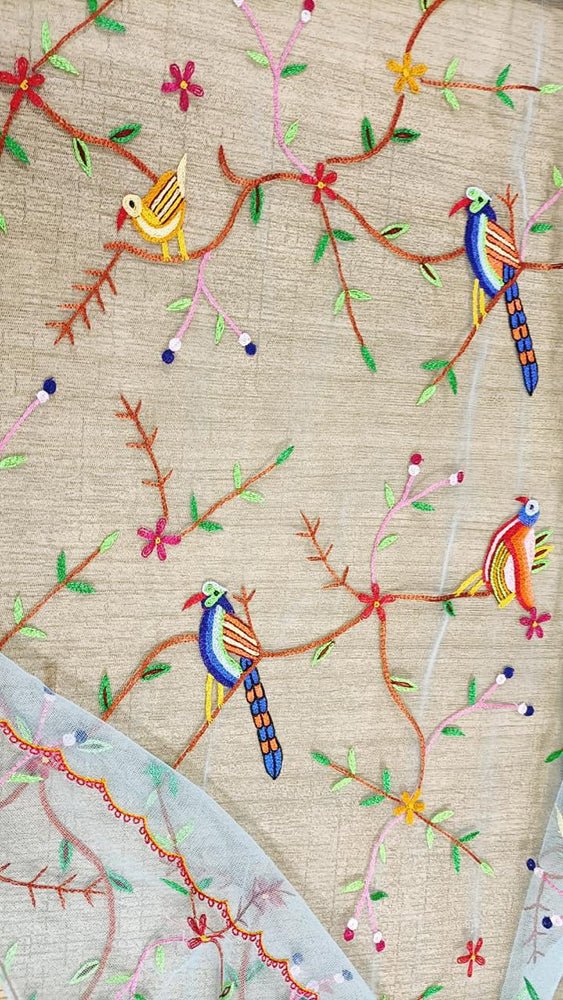 Blue Embroidered Parsi Convent Work Net Dupatta - Luxurion World