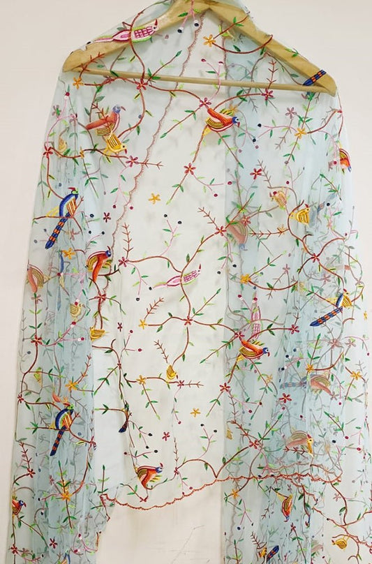 Blue Embroidered Parsi Convent Work Net Dupatta - Luxurion World