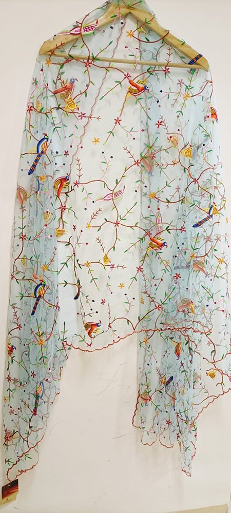 Blue Embroidered Parsi Convent Work Net Dupatta - Luxurion World